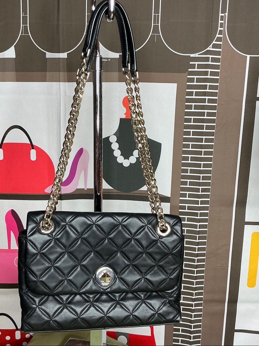 Kate Spade  Quilted Shoulder Bag in Black with Gold Chain #2308
